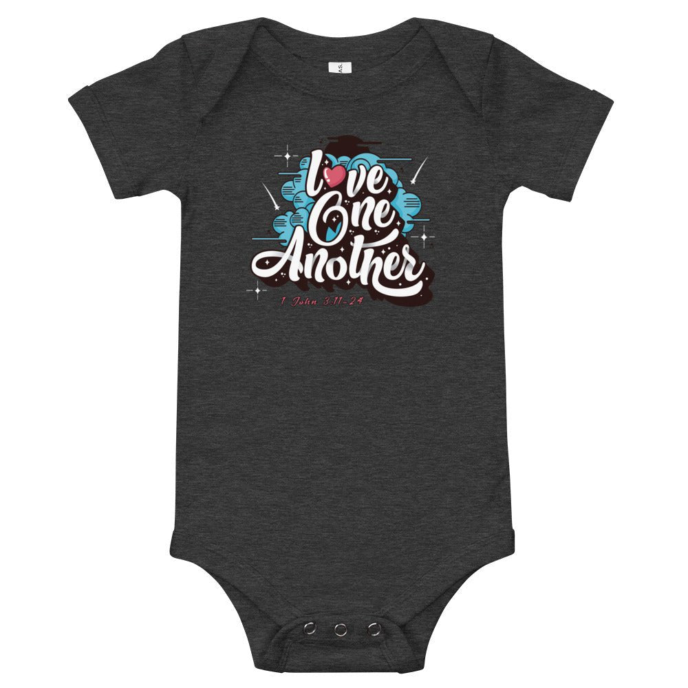 Love One Another - Baby’s Romper -  Black / 3-6m, Black / 6-12m, Black / 12-18m, Black / 18-24m, Dark Grey Heather / 3-6m, Dark Grey Heather / 6-12m, Dark Grey Heather / 12-18m, Dark Grey Heather / 18-24m, Heather Columbia Blue / 3-6m, Heather Columbia Blue / 6-12m -  Trini-T Ministries