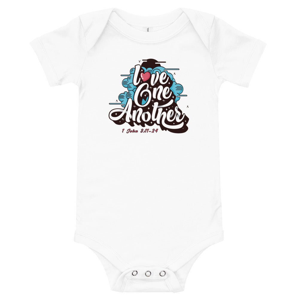 Love One Another - Baby’s Romper -  Black / 3-6m, Black / 6-12m, Black / 12-18m, Black / 18-24m, Dark Grey Heather / 3-6m, Dark Grey Heather / 6-12m, Dark Grey Heather / 12-18m, Dark Grey Heather / 18-24m, Heather Columbia Blue / 3-6m, Heather Columbia Blue / 6-12m -  Trini-T Ministries