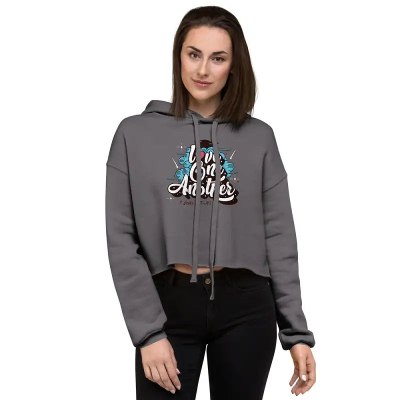 Love One Another - Women’s Crop Hoodie -  Black / S, Black / M, Black / L, Black / XL, Black / 2XL, Military Green / S, Military Green / M, Military Green / L, Military Green / XL, Military Green / 2XL -  Trini-T Ministries