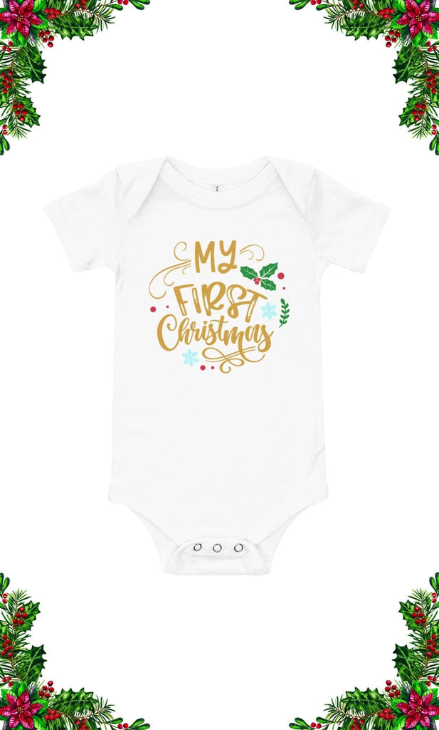 My First Christmas Baby Romper – Soft Cotton Christian Holiday Baby Outfit -  White / 6M, White / 12M, White / 18M, White / 24M, Black / 6M, Light Blue / 6M, Pink / 6M, Black / 12M, Light Blue / 12M, Pink / 12M -  Trini-T Ministries