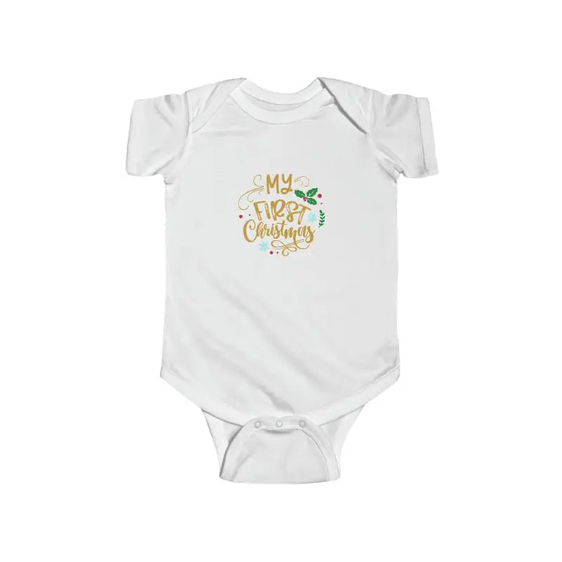 My First Christmas Baby Romper – Soft Cotton Christian Holiday Baby Outfit -  White / 6M, White / 12M, White / 18M, White / 24M, Black / 6M, Light Blue / 6M, Pink / 6M, Black / 12M, Light Blue / 12M, Pink / 12M -  Trini-T Ministries Flat lay