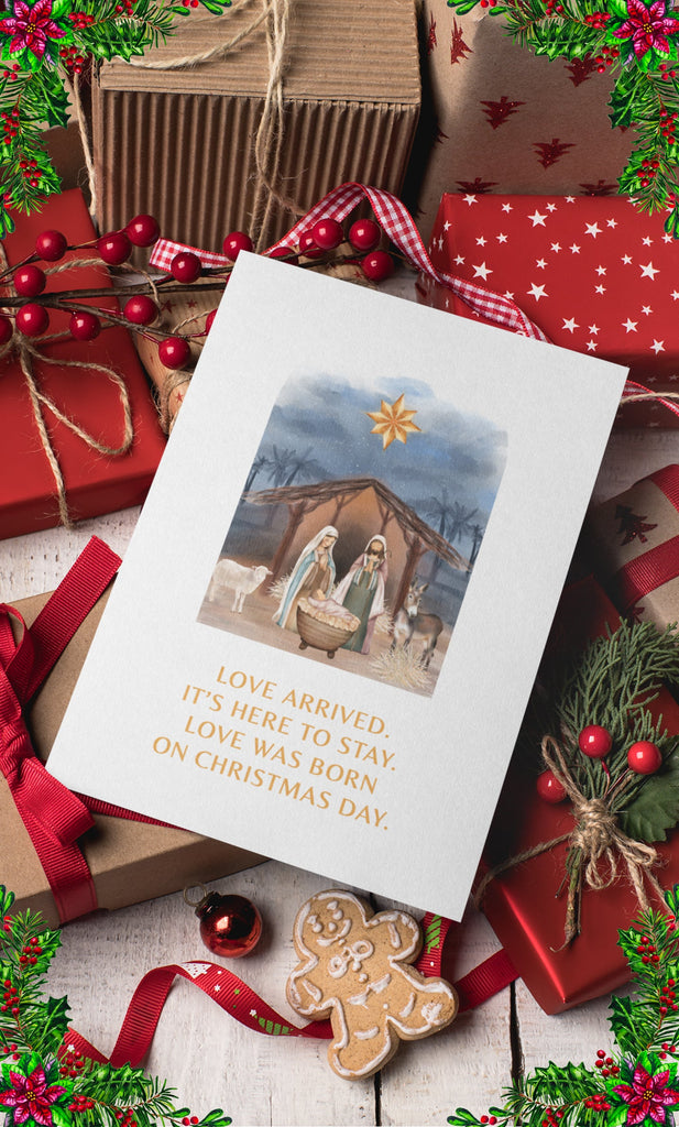 Christmas nativity greeting cards with festive gifts and decorations for the holidays