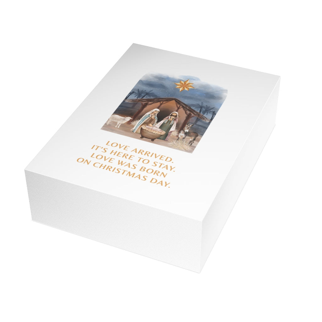 White gift box featuring a Nativity scene for Nativity greeting cards