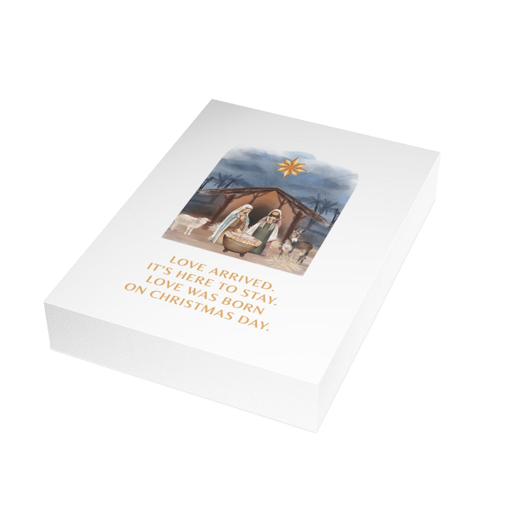 Christmas Nativity greeting card with a beautiful illustration and gold text design