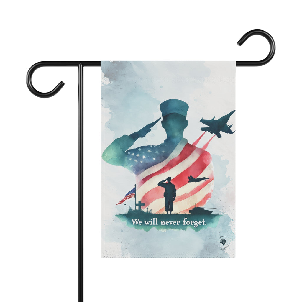 Studio view of Trini-T Ministries We Will Never Forget Patriotic Memorial Garden Flag next on the front porch. It showcases a soldier saluting, the American flag waving proudly, a jet soaring in the sky, and a touching scene of a soldier visiting the graves of fallen comrades. This heartfelt design reflects the spirit of sacrifice and service, echoing the selflessness of Christ's sacrifice on the cross.