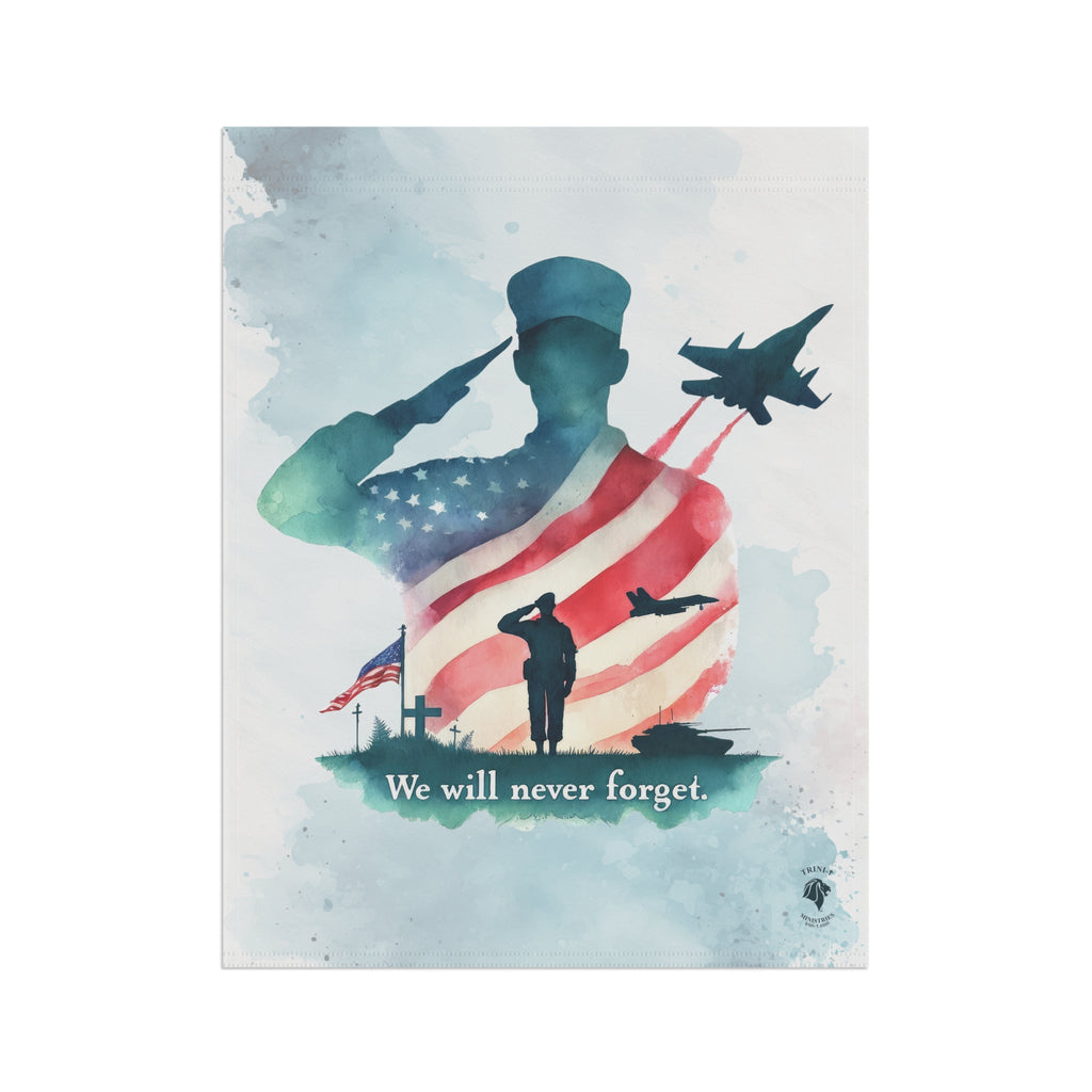 Studio shot of banner only of Trini-T Ministries We Will Never Forget Patriotic Memorial House Flag next on the front porch. It showcases a soldier saluting, the American flag waving proudly, a jet soaring in the sky, and a touching scene of a soldier visiting the graves of fallen comrades. This heartfelt design reflects the spirit of sacrifice and service, echoing the selflessness of Christ's sacrifice on the cross.