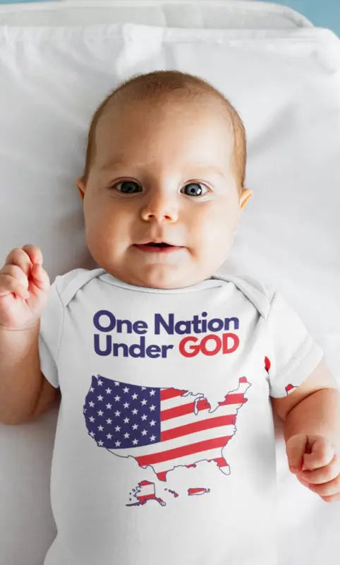 One Nation Under God - Baby’s Romper -  Black / 3-6m, Black / 6-12m, Black / 12-18m, Black / 18-24m, Heather Columbia Blue / 3-6m, Heather Columbia Blue / 6-12m, Heather Columbia Blue / 12-18m, Heather Columbia Blue / 18-24m, Athletic Heather / 3-6m, Athletic Heather / 6-12m -  Trini-T Ministries