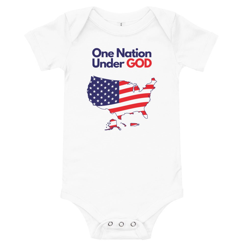 One Nation Under God - Baby’s Romper -  Black / 3-6m, Black / 6-12m, Black / 12-18m, Black / 18-24m, Heather Columbia Blue / 3-6m, Heather Columbia Blue / 6-12m, Heather Columbia Blue / 12-18m, Heather Columbia Blue / 18-24m, Athletic Heather / 3-6m, Athletic Heather / 6-12m -  Trini-T Ministries