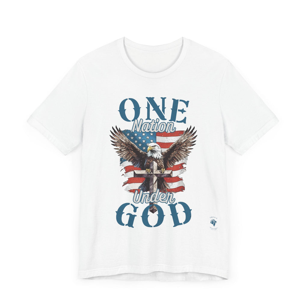 White One Nation Under God - Eagle - T-shirt. Wear your faith and patriotism boldly with our "One Nation Under God" patriotic T-shirt. It features a striking design of an American Bald Eagle, a Cross, and the iconic American flag.