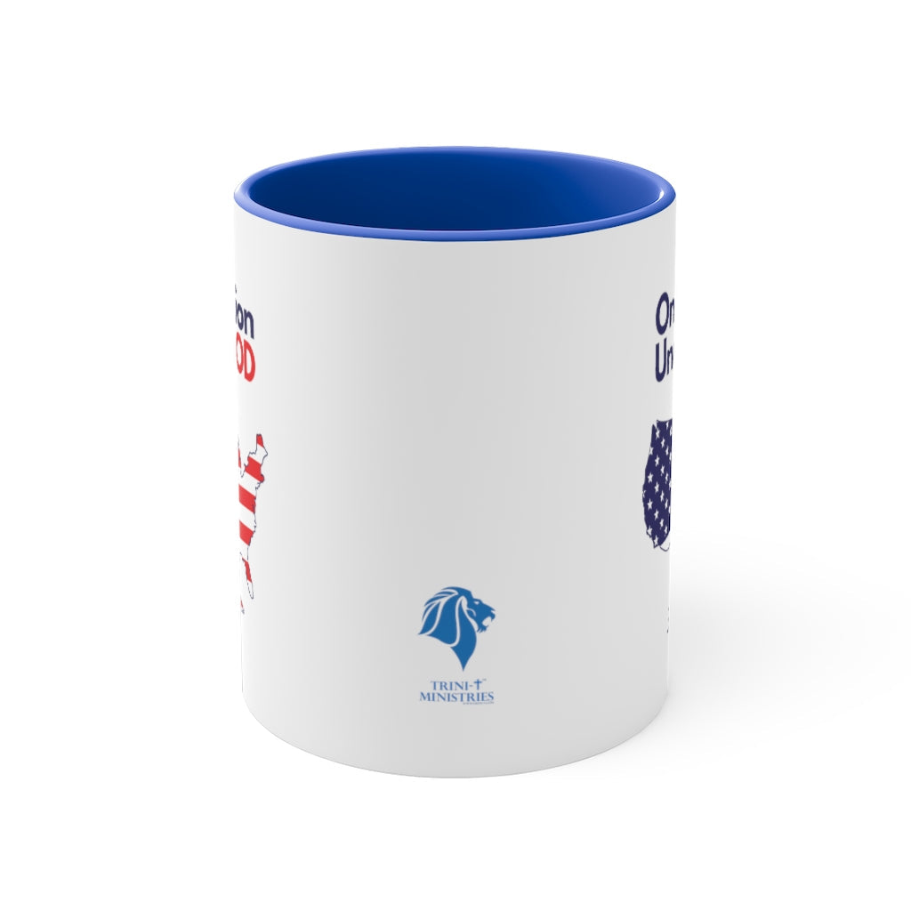 Back view of a blue-accented 'One Nation Under God' ceramic mug showcasing its Christian patriotic design.