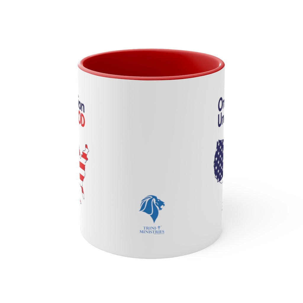 Back view of a red-accented 'One Nation Under God' ceramic mug showcasing vibrant Christian patriotic design.