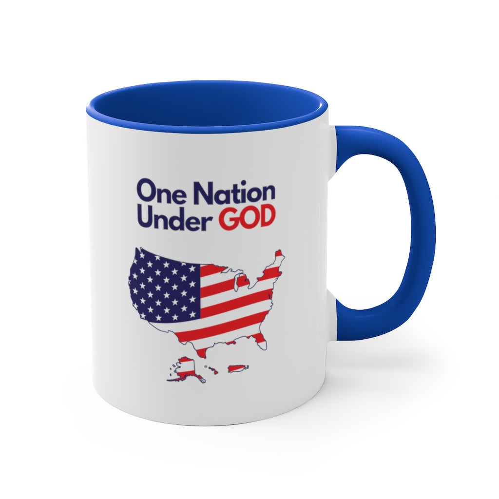 Blue-accented ceramic mug with 'One Nation Under God' design and American flag-themed USA map. Perfect for faith-based occasions.