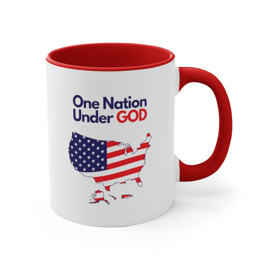 Red-accented ceramic mug with 'One Nation Under God' design and American flag-themed USA map. Ideal for coffee or tea with a Christian message.