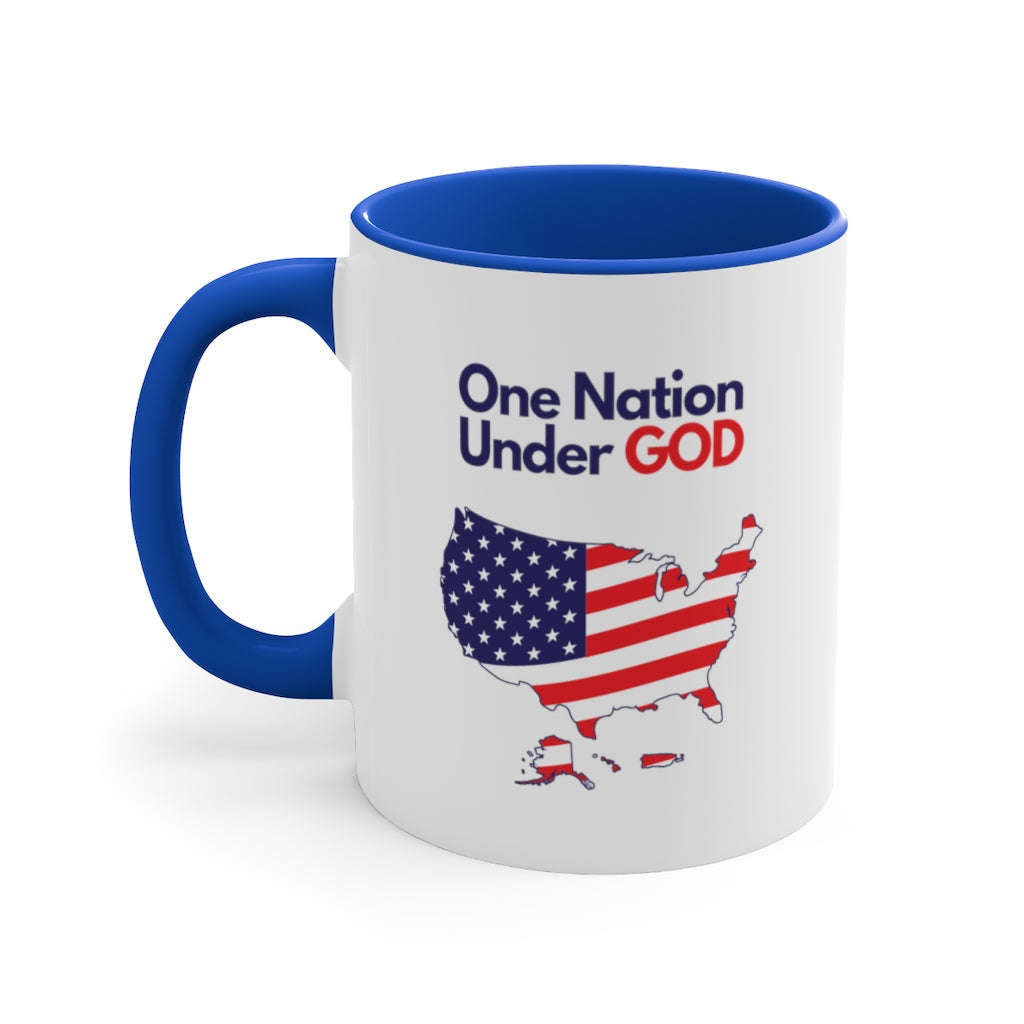 Christian patriotic ceramic mug with 'One Nation Under God' design, featuring blue interior and handle. Great for gifting or daily inspiration.