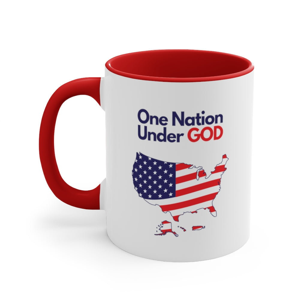 Christian patriotic ceramic mug with 'One Nation Under God' design, featuring red interior and handle. Perfect for faith-based gifts and everyday use.