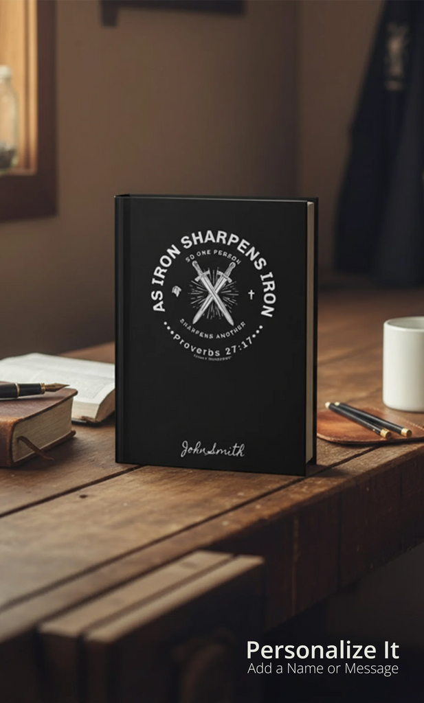 Personalized Christian Journal with "Iron Sharpens Iron" design on rustic desk. Highlighting customizable gift option.