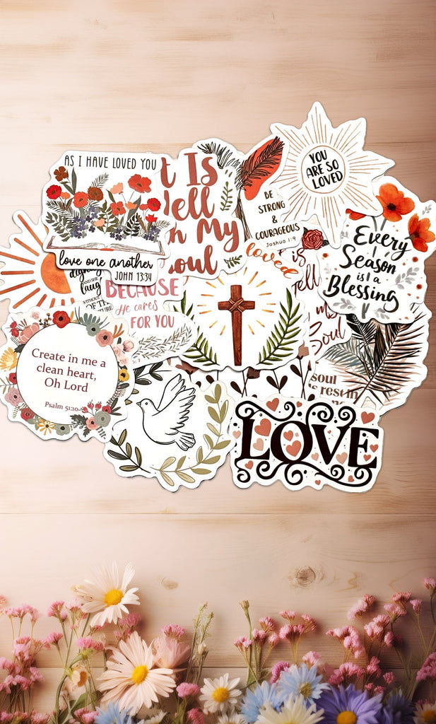 A collection of boho floral Scripture stickers featuring various Bible verses and inspirational quotes in a vibrant, artistic design. Perfect for decorating journals, laptops, and more, these Christian stickers inspire faith and positivity.