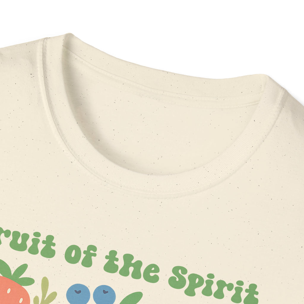 Close-up view of natural color Fruit of the Spirit t-shirt collar and printed text.