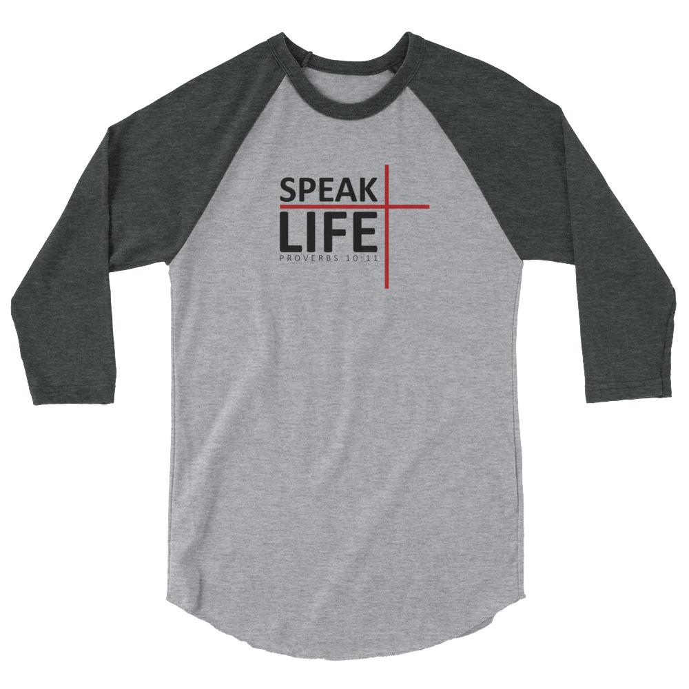 Speak Life - Men’s 3/4 Sleeve -  White/Black / XS, White/Black / S, White/Black / M, White/Black / L, White/Black / XL, White/Black / 2XL, White/Heather Charcoal / XS, White/Heather Charcoal / S, White/Heather Charcoal / M, White/Heather Charcoal / L -  Trini-T Ministries