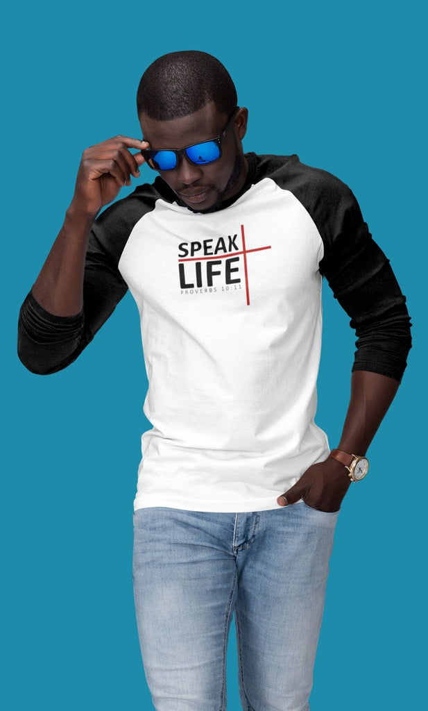 Speak Life - Men’s 3/4 Sleeve -  White/Black / XS, White/Black / S, White/Black / M, White/Black / L, White/Black / XL, White/Black / 2XL, White/Heather Charcoal / XS, White/Heather Charcoal / S, White/Heather Charcoal / M, White/Heather Charcoal / L -  Trini-T Ministries