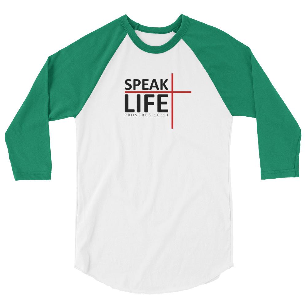 Speak Life - Men’s 3/4 Sleeve -  White/Black / XS, White/Black / S, White/Black / M, White/Black / L, White/Black / XL, White/Black / 2XL, White/Heather Charcoal / XS, White/Heather Charcoal / S, White/Heather Charcoal / M, White/Heather Charcoal / L -  Trini-T Ministries