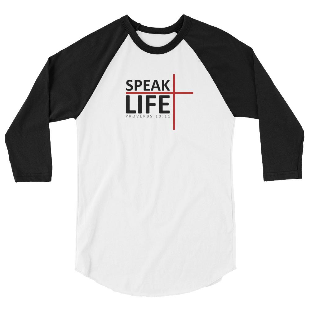 Speak Life - Men’s 3/4 Sleeve -  White/Black / XS, White/Black / S, White/Black / M, White/Black / L, White/Black / XL, White/Black / 2XL, White/Heather Charcoal / XS, White/Heather Charcoal / S, White/Heather Charcoal / M, White/Heather Charcoal / L -  Trini-T Ministries