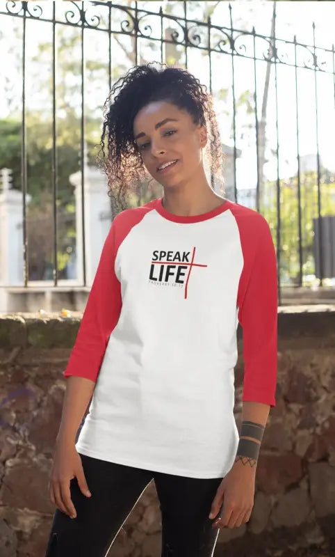 Speak Life - Women’s 3/4 Sleeve -  White/Black / XS, White/Black / S, White/Black / M, White/Black / L, White/Black / XL, White/Black / 2XL, White/Heather Charcoal / XS, White/Heather Charcoal / S, White/Heather Charcoal / M, White/Heather Charcoal / L -  Trini-T Ministries