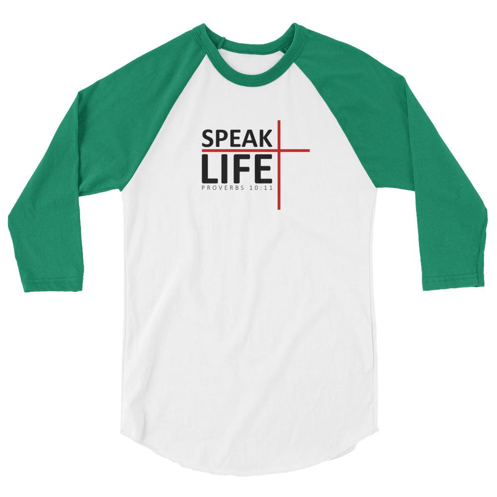 Speak Life - Women’s 3/4 Sleeve -  White/Black / XS, White/Black / S, White/Black / M, White/Black / L, White/Black / XL, White/Black / 2XL, White/Heather Charcoal / XS, White/Heather Charcoal / S, White/Heather Charcoal / M, White/Heather Charcoal / L -  Trini-T Ministries