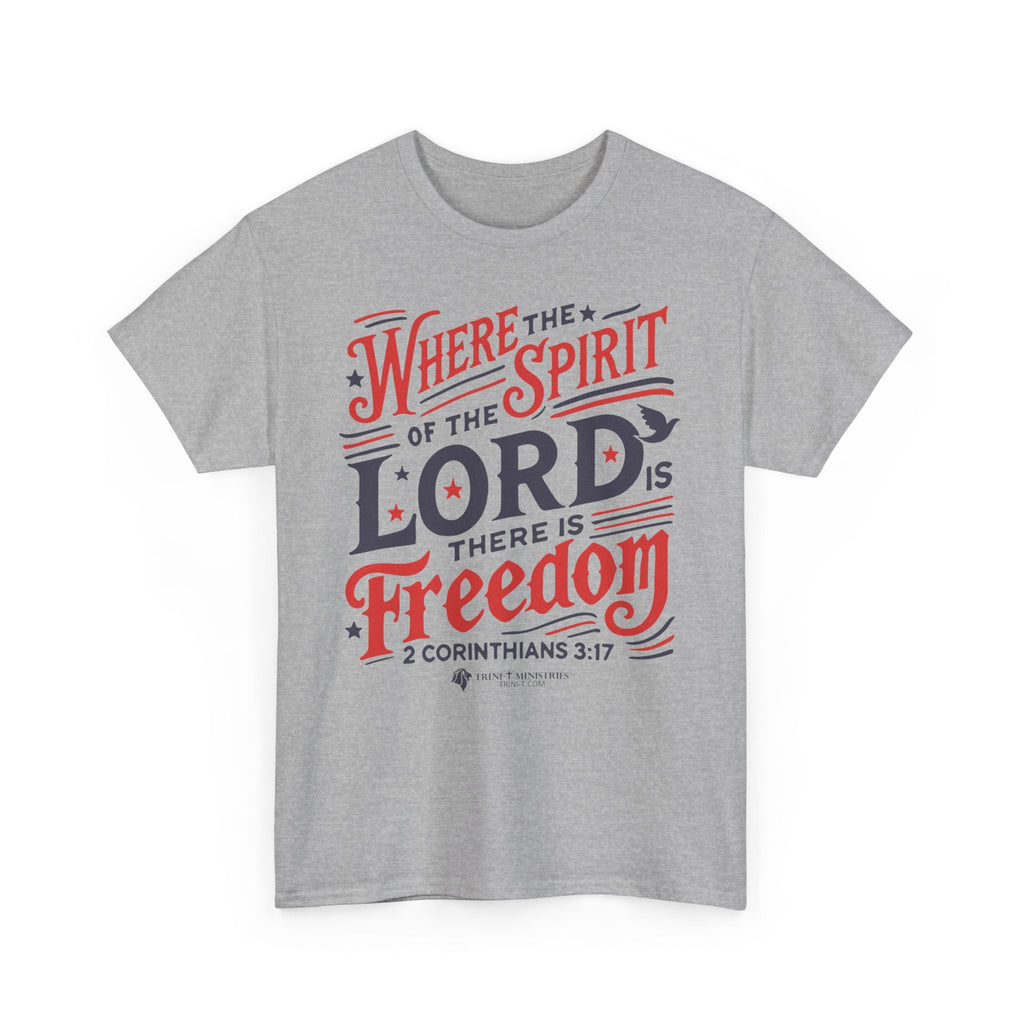 Athletic Grey t-shirt with 'Where the Spirit of the Lord is, there is freedom - 2 Corinthians 3:17' design, laying flat. Celebrate true freedom with this Christian, Scripture-inspired patriotic tee.