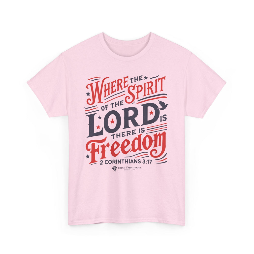 Light Pink t-shirt with 'Where the Spirit of the Lord is, there is freedom - 2 Corinthians 3:17' design, laying flat. Celebrate true freedom with this Christian, Scripture-inspired patriotic tee.