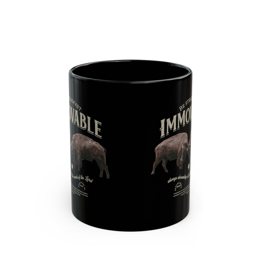 Trini-T Ministries Steadfast and Immovable - 1 Corinthians 15:53 Design on Black Mug 11oz side view against white background