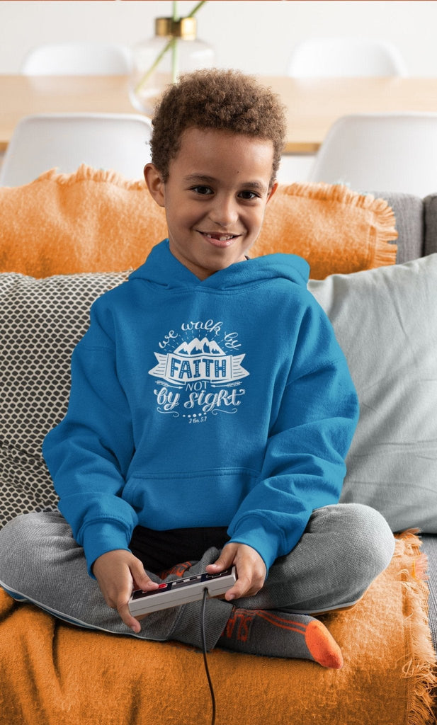 Walk By Faith - Kid’s Hoodie -  Jet Black / XS, Jet Black / S, Jet Black / M, Jet Black / L, Jet Black / XL, Royal Blue / XS, Royal Blue / S, Royal Blue / M, Royal Blue / L, Royal Blue / XL -  Trini-T Ministries