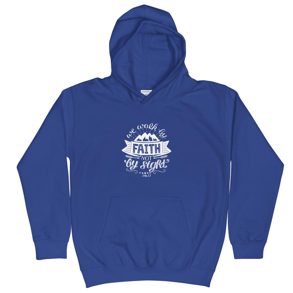 Walk By Faith - Kid’s Hoodie -  Jet Black / XS, Jet Black / S, Jet Black / M, Jet Black / L, Jet Black / XL, Royal Blue / XS, Royal Blue / S, Royal Blue / M, Royal Blue / L, Royal Blue / XL -  Trini-T Ministries