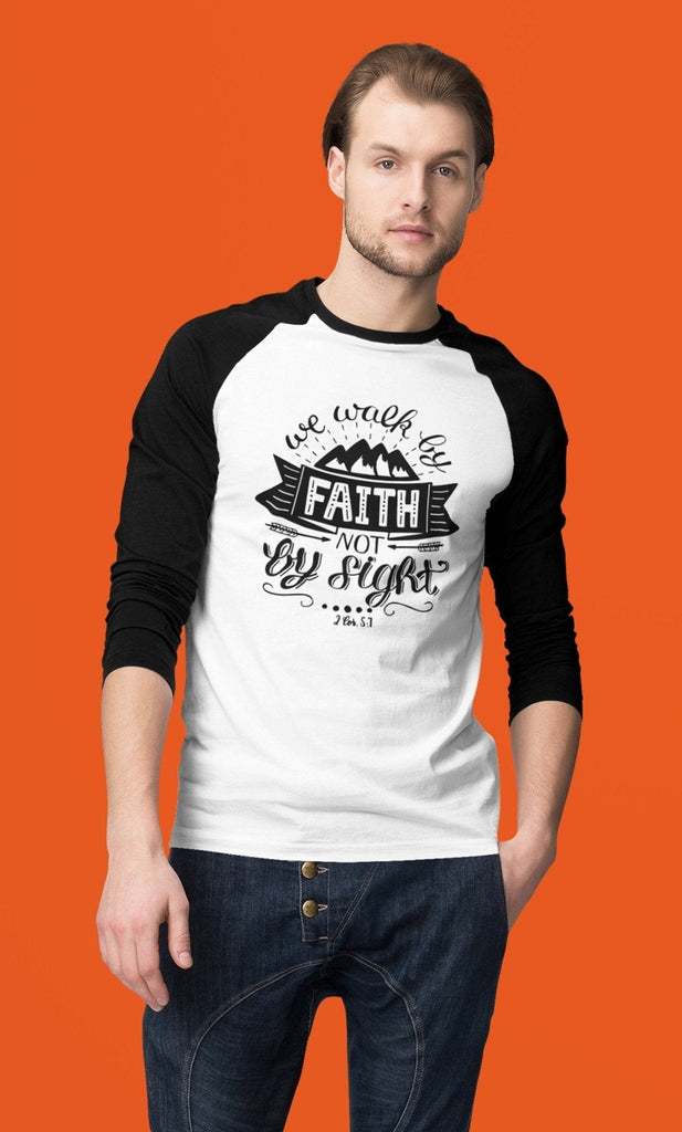 Walk By Faith - Men’s 3/4 Sleeve -  Heather Black/Black / XS, Heather Black/Black / S, Heather Black/Black / M, Heather Black/Black / L, Heather Black/Black / XL, Heather Black/Black / 2XL, White/Black / XS, White/Black / S, White/Black / M, White/Black / L -  Trini-T Ministries