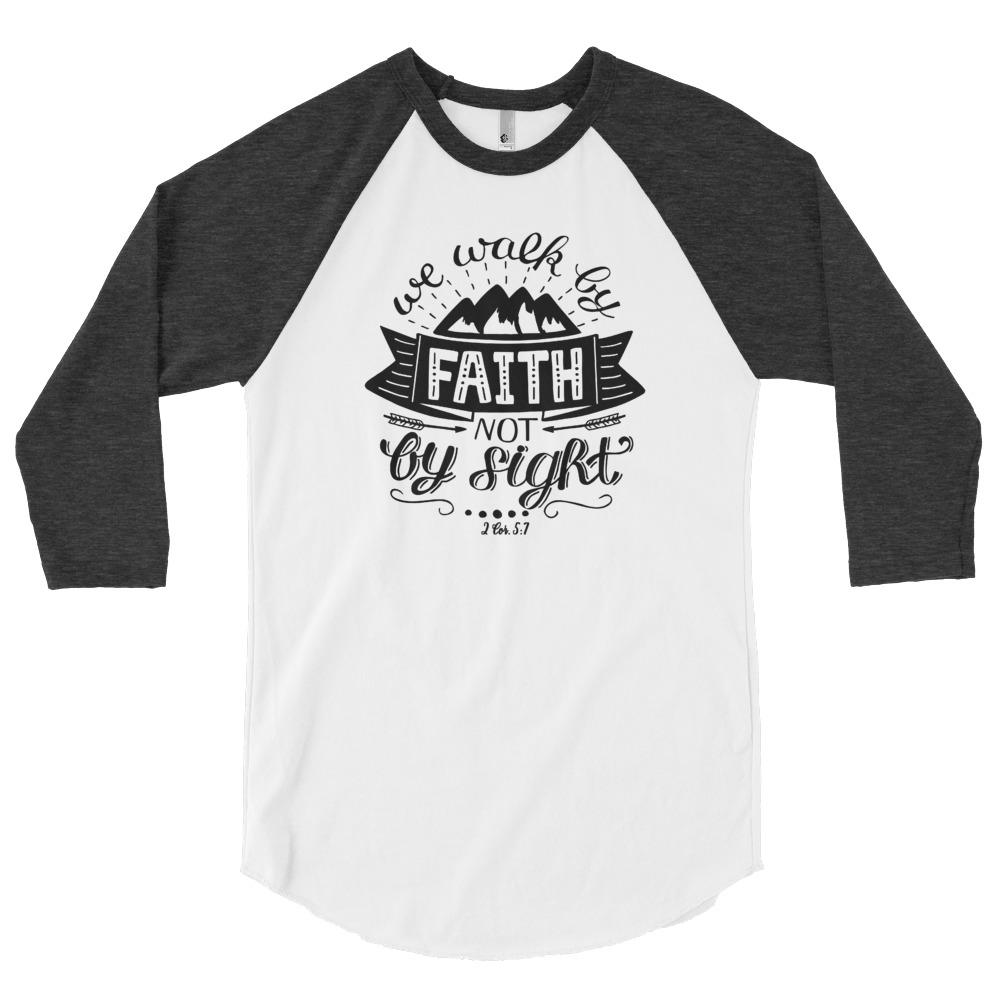 Walk By Faith - Men’s 3/4 Sleeve -  Heather Black/Black / XS, Heather Black/Black / S, Heather Black/Black / M, Heather Black/Black / L, Heather Black/Black / XL, Heather Black/Black / 2XL, White/Black / XS, White/Black / S, White/Black / M, White/Black / L -  Trini-T Ministries