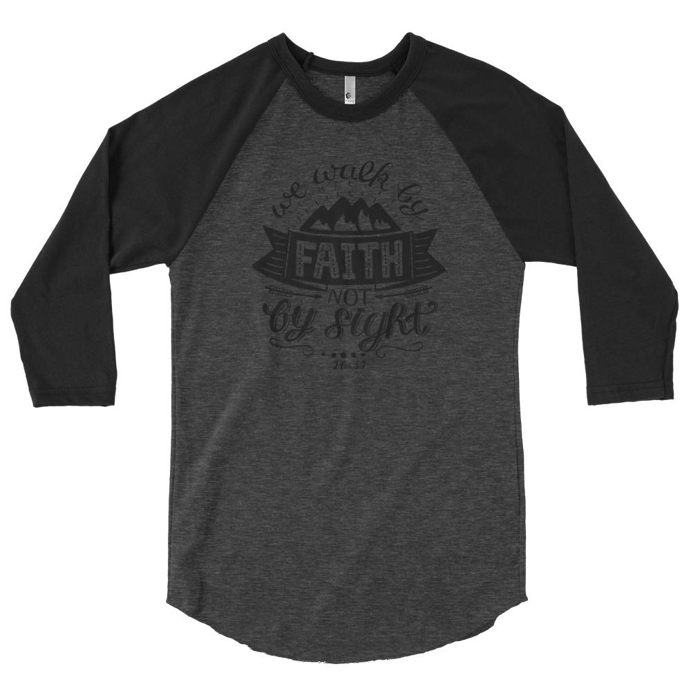 Walk By Faith - Men’s 3/4 Sleeve -  Heather Black/Black / XS, Heather Black/Black / S, Heather Black/Black / M, Heather Black/Black / L, Heather Black/Black / XL, Heather Black/Black / 2XL, White/Black / XS, White/Black / S, White/Black / M, White/Black / L -  Trini-T Ministries