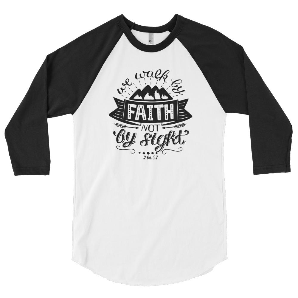 Walk By Faith - Men’s 3/4 Sleeve -  Heather Black/Black / XS, Heather Black/Black / S, Heather Black/Black / M, Heather Black/Black / L, Heather Black/Black / XL, Heather Black/Black / 2XL, White/Black / XS, White/Black / S, White/Black / M, White/Black / L -  Trini-T Ministries