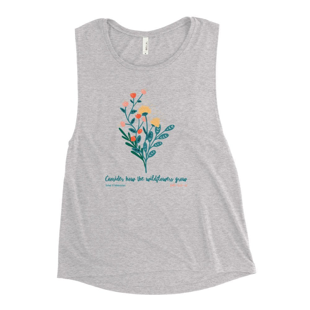 Wildflowers - Women’s Muscle Tank -  Black Heather / S, Black Heather / M, Black Heather / L, Black Heather / XL, Black Heather / 2XL, Mauve / S, Mauve / M, Mauve / L, Mauve / XL, Mauve / 2XL -  Trini-T Ministries