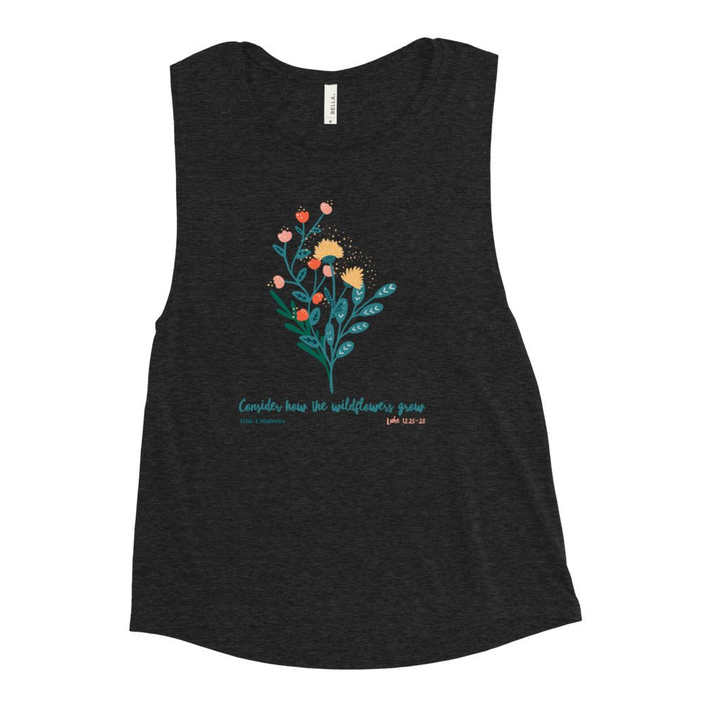 Wildflowers - Women’s Muscle Tank -  Black Heather / S, Black Heather / M, Black Heather / L, Black Heather / XL, Black Heather / 2XL, Mauve / S, Mauve / M, Mauve / L, Mauve / XL, Mauve / 2XL -  Trini-T Ministries