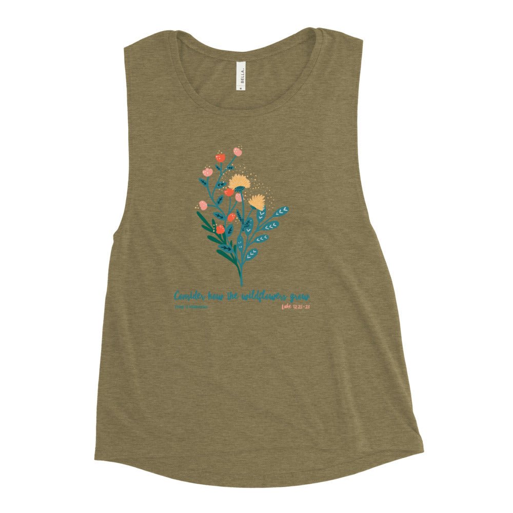 Wildflowers - Women’s Muscle Tank -  Black Heather / S, Black Heather / M, Black Heather / L, Black Heather / XL, Black Heather / 2XL, Mauve / S, Mauve / M, Mauve / L, Mauve / XL, Mauve / 2XL -  Trini-T Ministries