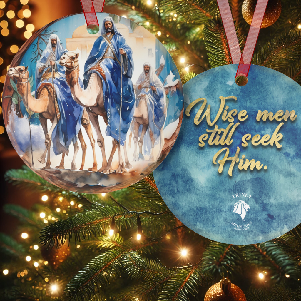 Close up of Christian Christmas Ornament - Wise Men Still Seek Him - Nativity Christmas Tree Decoration featuring the Three Wise Men, perfect for Christian holiday home decor.