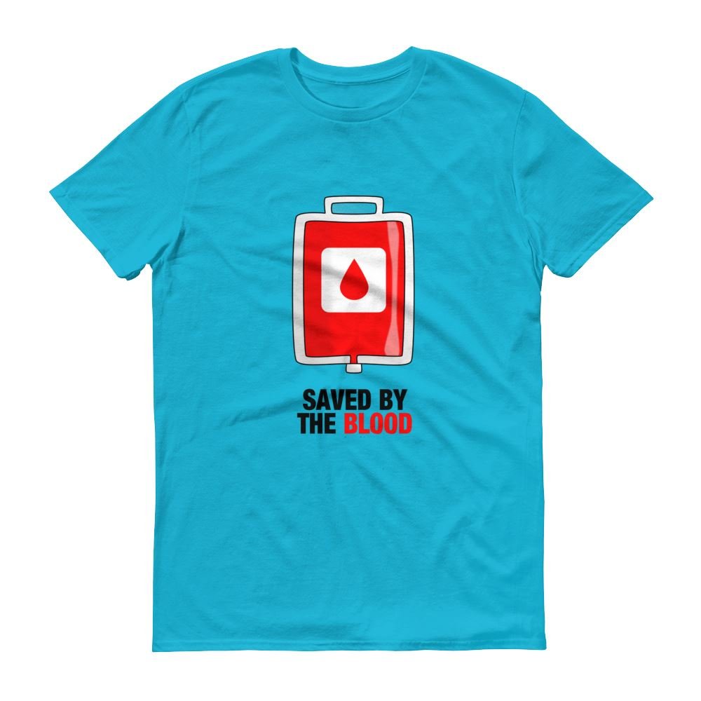 Saved By The Blood - Men’s T -  White / S, White / M, White / L, White / XL, White / 2XL, Caribbean Blue / S, Caribbean Blue / M, Caribbean Blue / L, Caribbean Blue / XL, Caribbean Blue / 2XL -  Trini-T Ministries