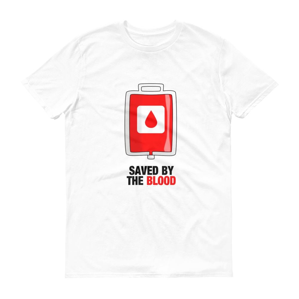 Saved By The Blood - Men’s T -  White / S, White / M, White / L, White / XL, White / 2XL, Caribbean Blue / S, Caribbean Blue / M, Caribbean Blue / L, Caribbean Blue / XL, Caribbean Blue / 2XL -  Trini-T Ministries